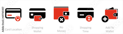 A set of 5 Business icons as card location, shopping wallet, no money