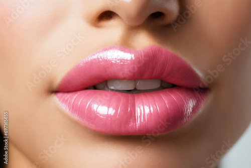 Close-up of beautiful lips with light pink lipstick