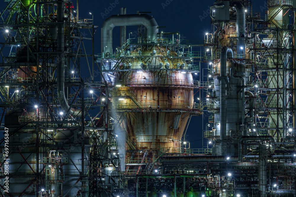 The large tank at Petrochemical complex in Yokkaichi city at night.