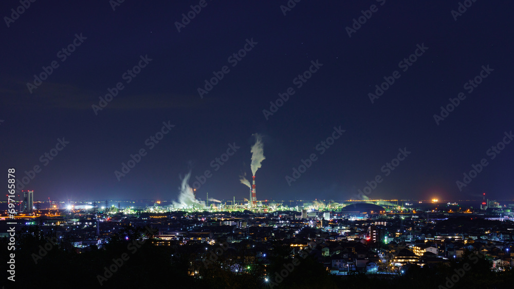 Panoramic view of Yokkaichi Petrochemical complex and Chemical plants at night.