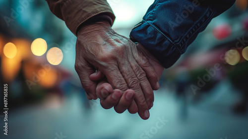 close up of a senior couple holding hands together