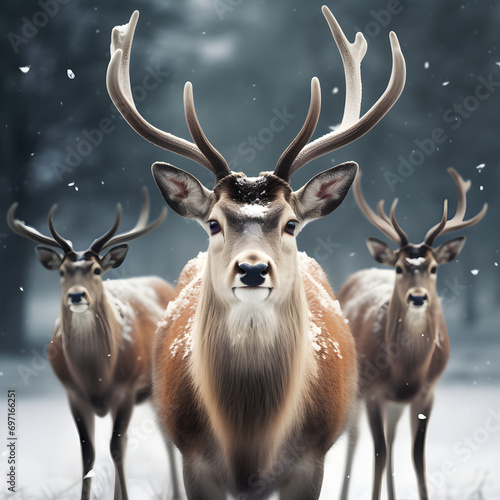 Three Reindeer standing in the winter with snow falling around them