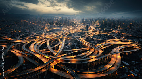 Aerial view of an intricate freeway intersection vehicles photo