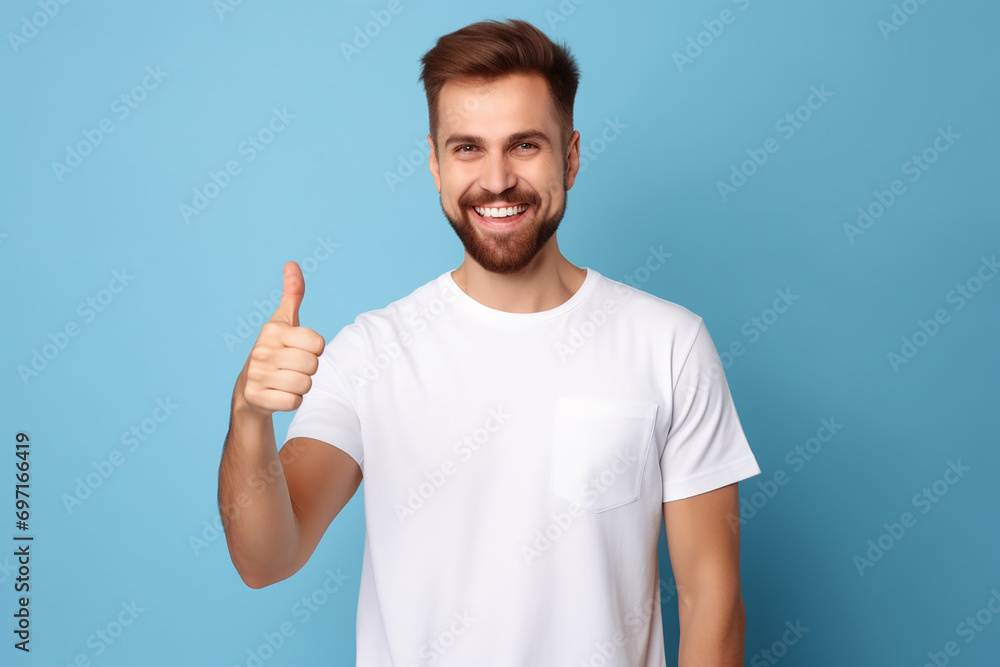 Naklejka premium Portrait of cheerful man smiling and showing thumb up over blue background