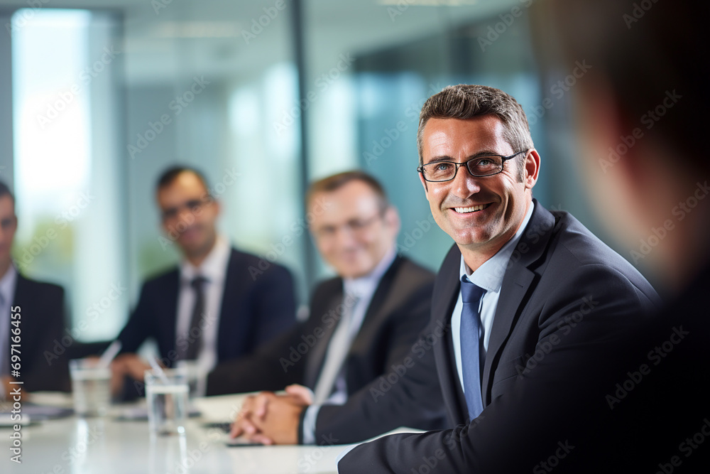 businessman with colleagues in the background in office