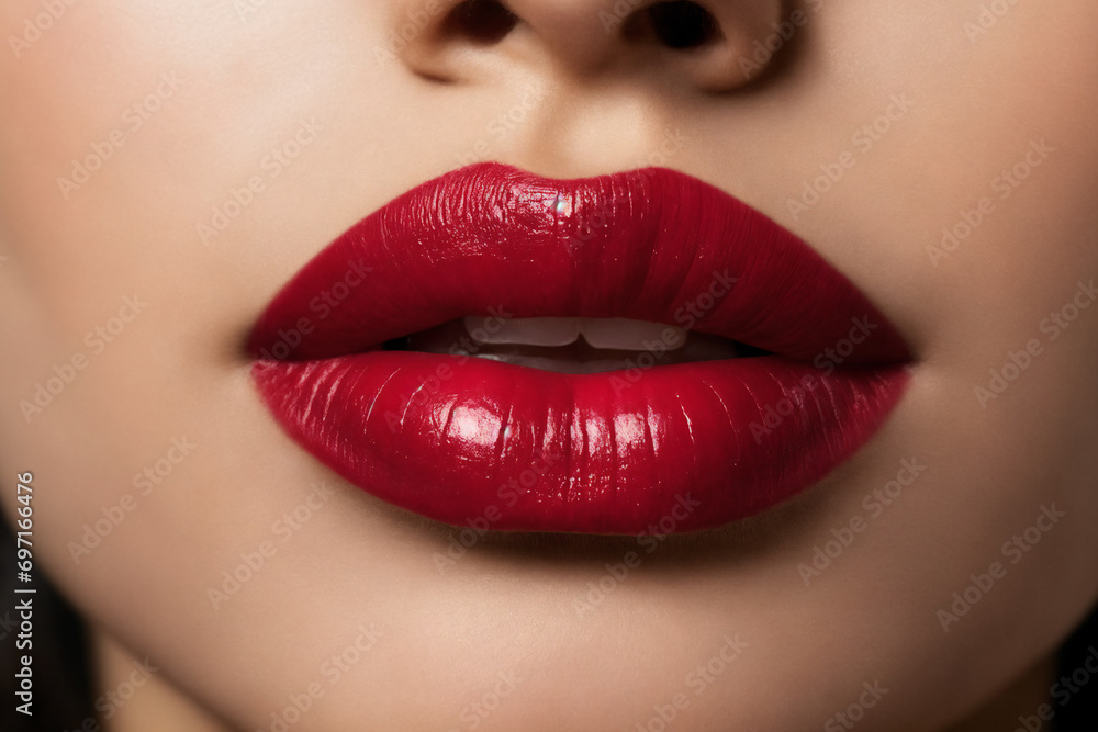 Fototapeta premium Close-up of beautiful lips with red lipstick