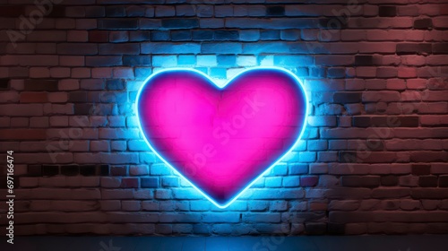 Pink and blue neon hearts on the wall background. Generative AI