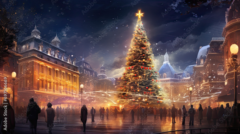 Obraz premium christmas tree in a town scene with many people