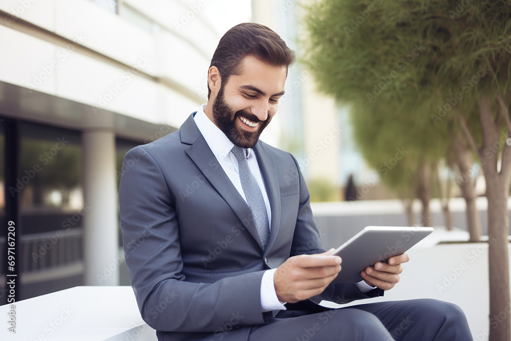 portrait of successful senior businessman outside office using tablet computer portrait of successful senior businessman outside office using tablet computer