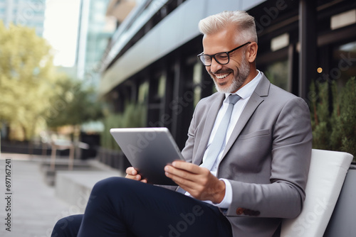 portrait of successful senior businessman outside office using tablet computer