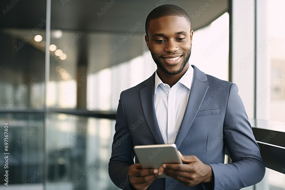 modern business man in formalwear using digital tablet while standing near window in the office. modern business man in formalwear using digital tablet while standing near window in the office.