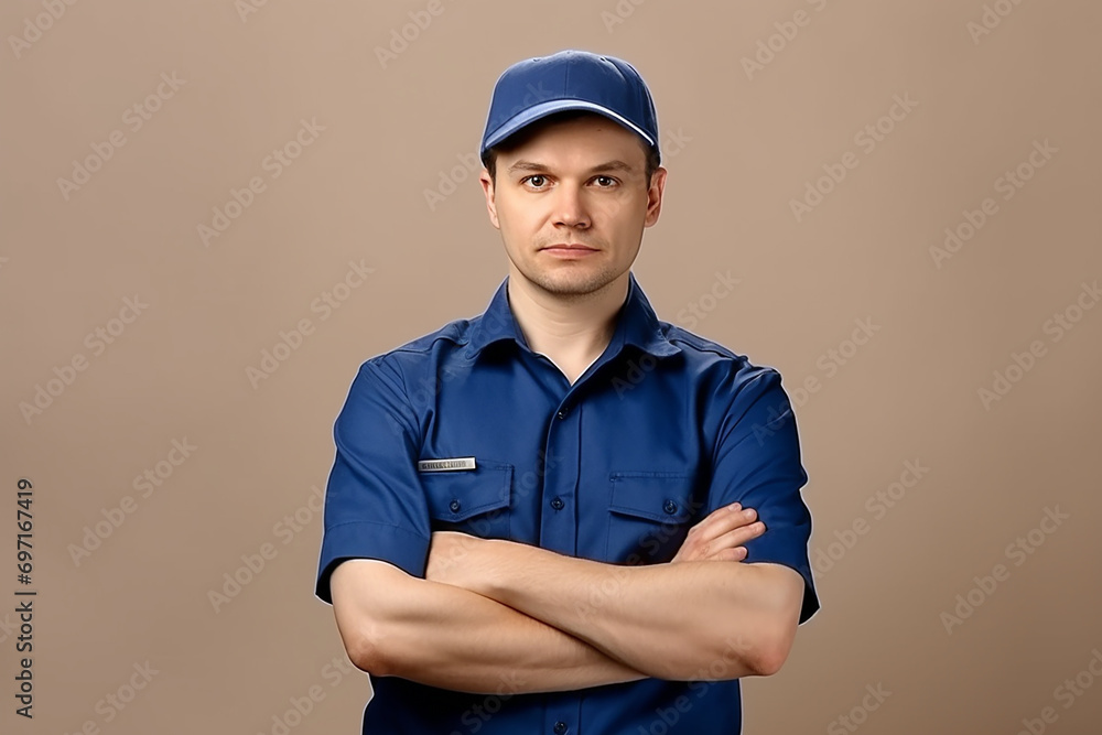 young handsome delivery man in blue uniform and cap looking confident smiling friendly arm crossed