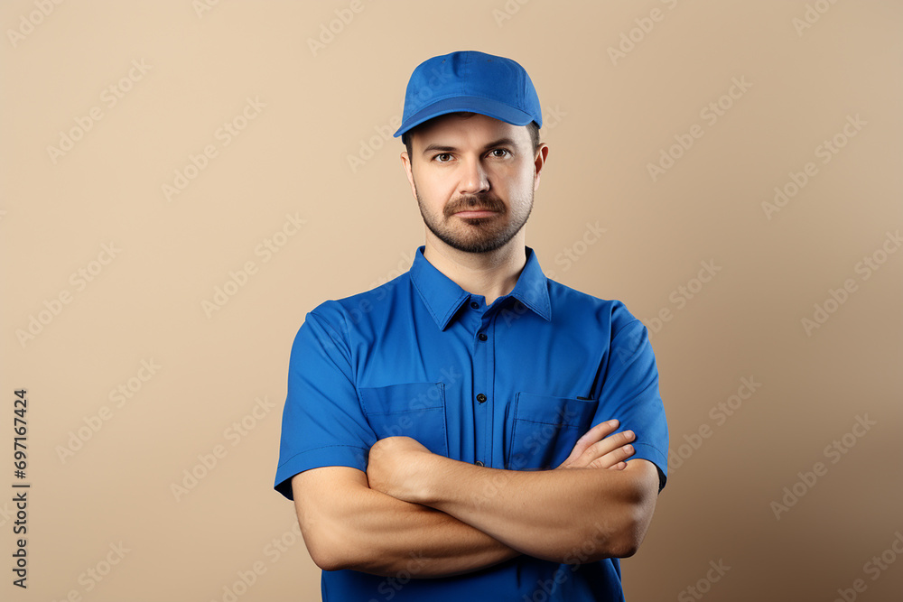 young handsome delivery man in blue uniform and cap looking confident smiling friendly arm crossed
