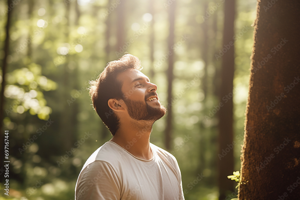 closeup portrait of sportsman in park with eyes closed breathing fresh
