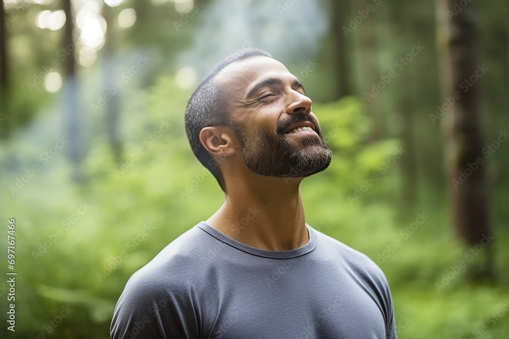 closeup portrait of sportsman in park with eyes closed breathing fresh