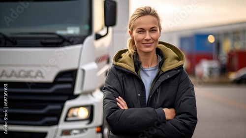 Portrait of professional woman driver and truck in the background