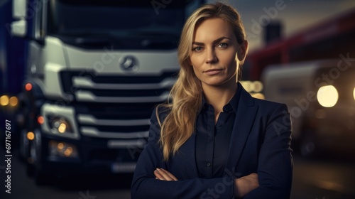 Portrait of professional woman driver and truck in the background