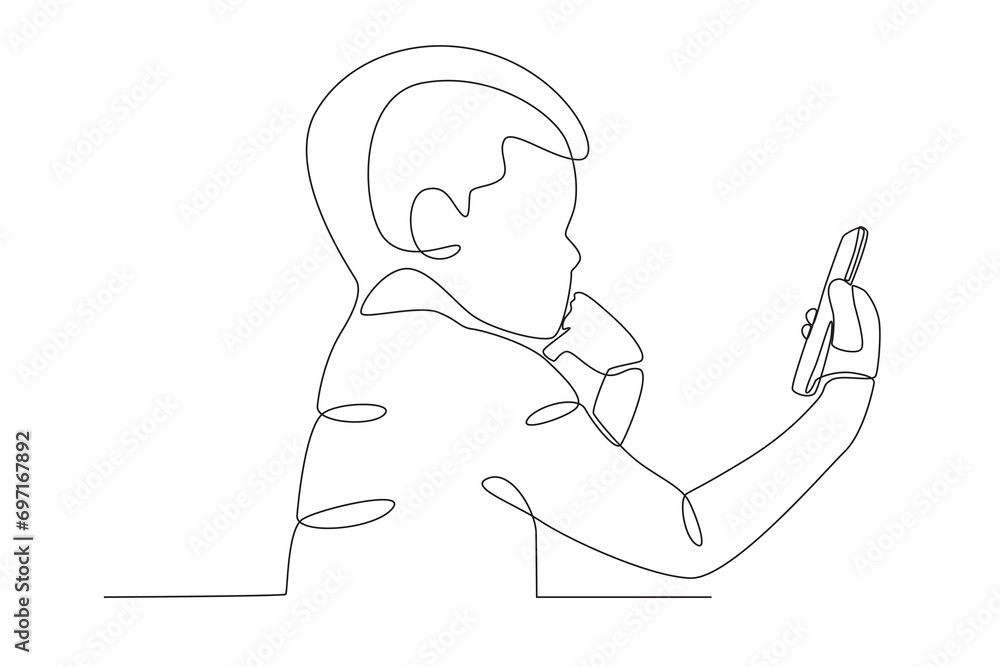 A boy playing mobile phone. Mobile phone addiction one-line drawing A boy playing mobile phone. Mobile phone addiction one-line drawing