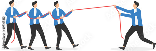 Business professionals in tug of war with three men on one side of rope and one man in command on opposite side. Vector illustration on organizational development training concept.

