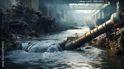 Wastewater pollution, industrial pipe, sewage, dirty water leakage into the river photo