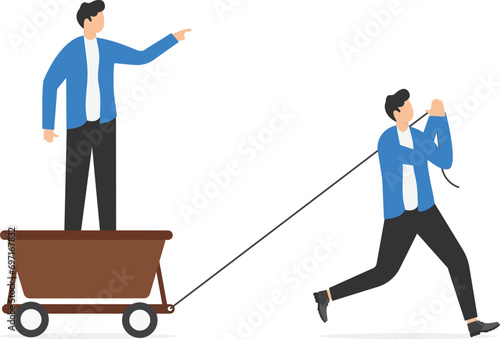 businessman standing tall on a cart and ordering his coworker who is slogging and pulling the cart.

 photo