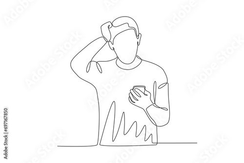 A dizzy man playing cellphone. Mobile phone addiction one-line drawing