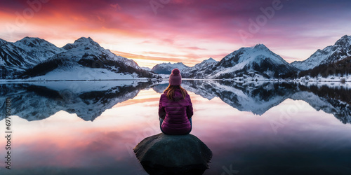 Besinnliche Frau genießt den Sonnenuntergang am Bergsee, Generative AI photo