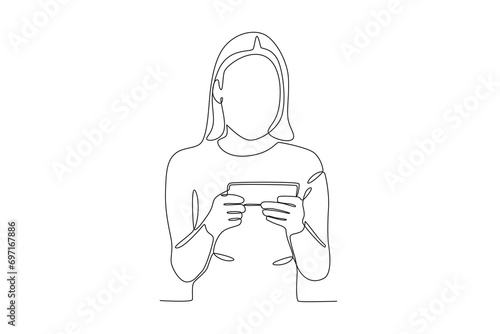 A woman is addicted to using the internet. Mobile phone addiction one-line drawing