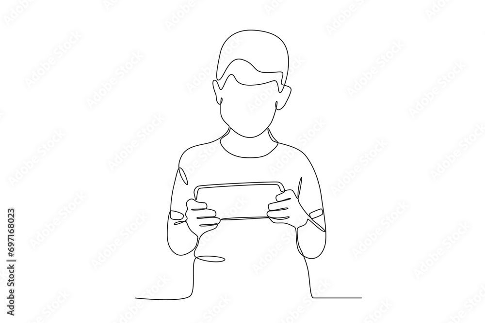 A boy addicted to online games. Mobile phone addiction one-line drawing