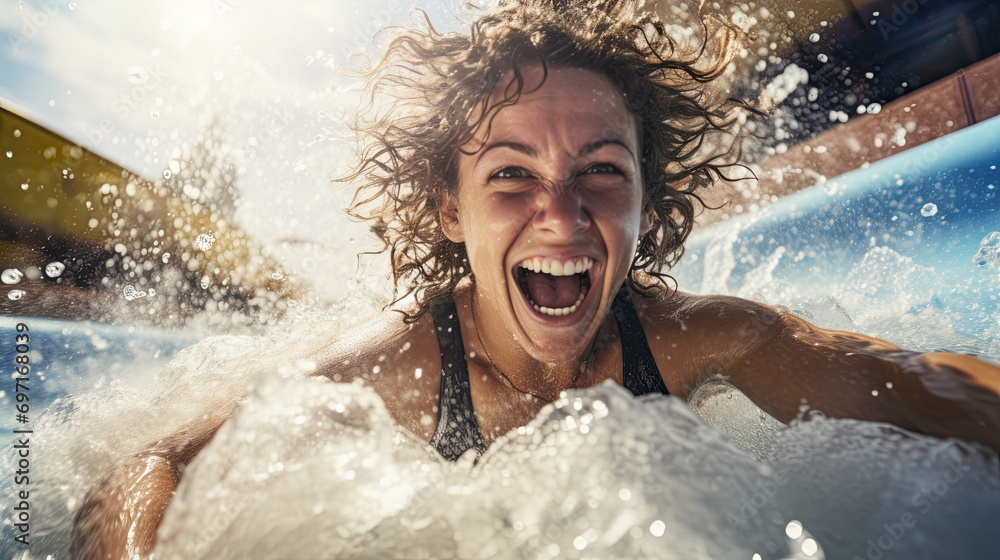 A happy woman riding on the water slide in the waterpark. - obrazy, fototapety, plakaty 