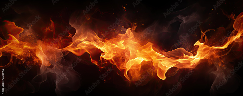 Fire flames on black wide background.
