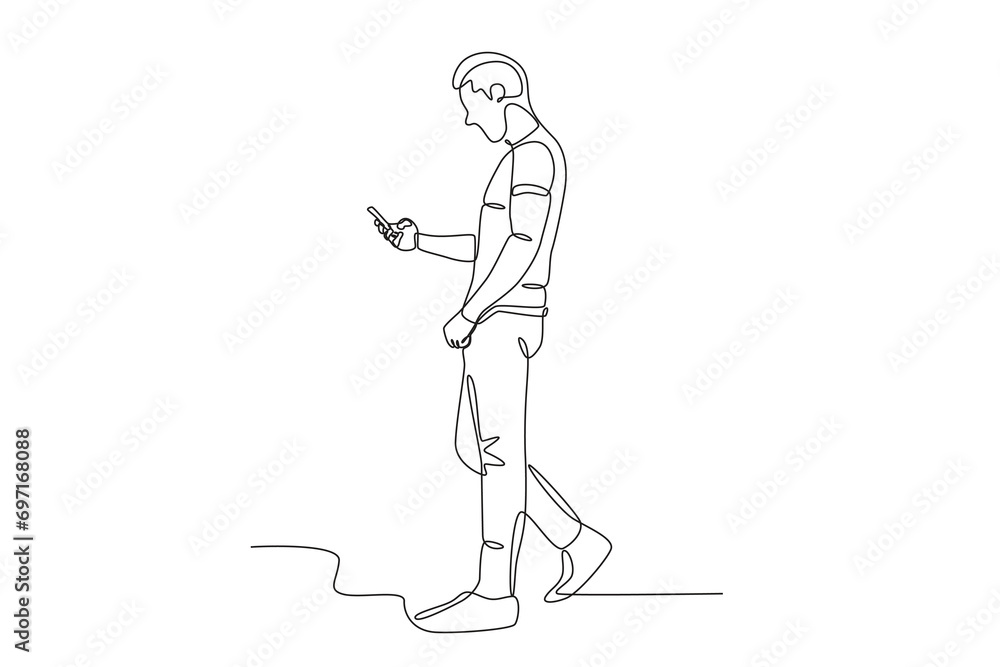 Side view of a man using a cellphone. Mobile phone addiction one-line drawing Side view of a man using a cellphone. Mobile phone addiction one-line drawing