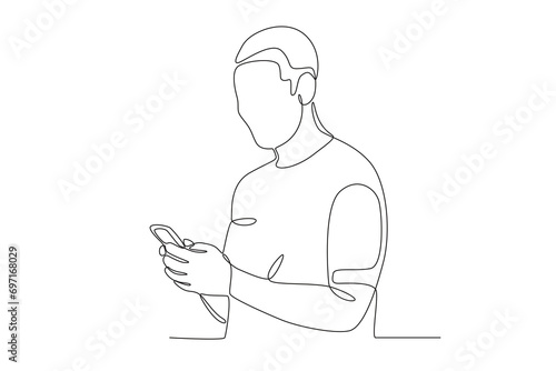 A man focuses on using a smartphone. Mobile phone addiction one-line drawing