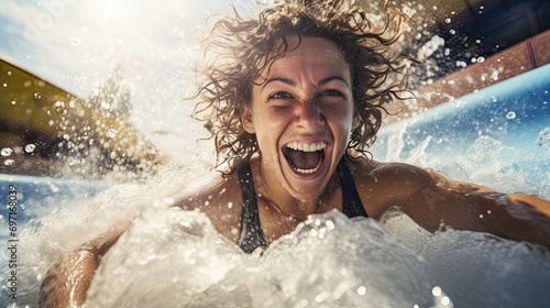 A happy woman riding on the water slide in the waterpark. ©  Mohammad Xte