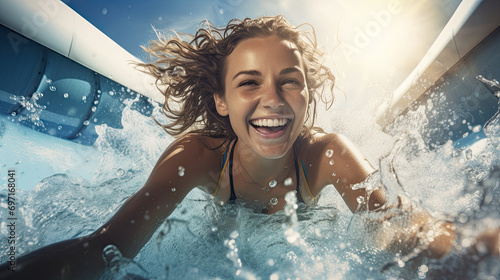 A happy woman riding on the water slide in the waterpark. photo
