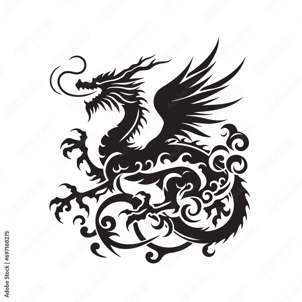 Minimalistic Dragon Elegance - A Refined Silhouette Depiction Illustrating the Essence and Timeless Beauty of Dragons in a Modern Style
