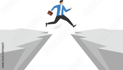Cartoon man in business suit jumps from one rocky cliff to another. overcoming obstacles and risk taking concept 

