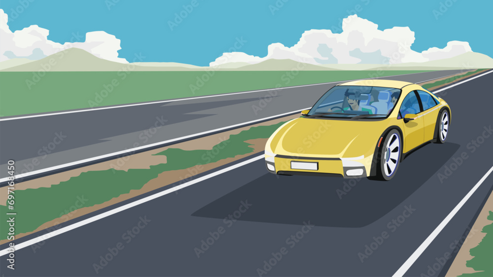 Traveling of car yellow color on asphalt road. Eco area of green grass and mountain under blue sky and white clouds. Inside car can see interior with driving and passenger girl.