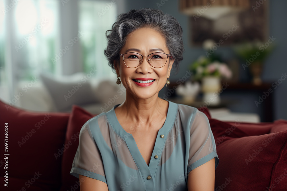 .Beautiful middle aged asian woman in glasses sitting on sofa at home, single mature senior in living room .Beautiful middle aged asian woman in glasses sitting on sofa at home, single mature senior in living room