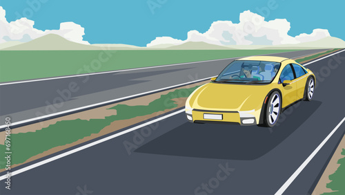 Traveling of car yellow color on asphalt road. Eco area of green grass and mountain under blue sky and white clouds. Inside car can see interior with driving and passenger girl. © thongchainak