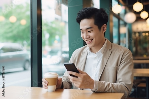 smiling asian man using smartphone at cafe table