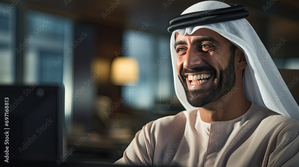Happy Emirati Arab at office wearing Kandura - obrazy, fototapety, plakaty 