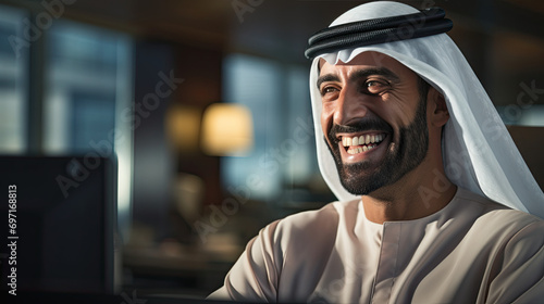 Happy Emirati Arab at office wearing Kandura photo