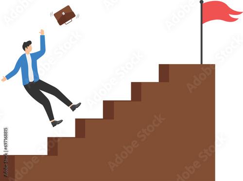 Business executive losing balance and falling down the steps on staircase.

