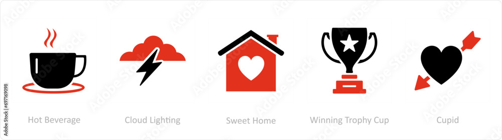 A set of 5 Business icons as hot beverage, cloud lightning, sweet home A set of 5 Business icons as hot beverage, cloud lightning, sweet home