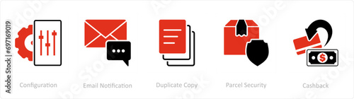 A set of 5 Business icons as configuration, email notification, duplicate copy