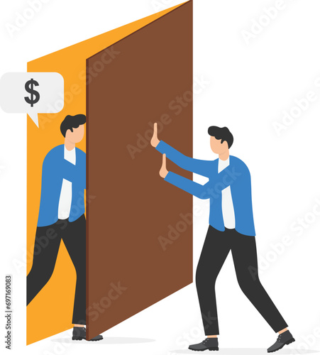 businessman pushing door to shut out hostile muscular man demanding for money. Vector illustration on personal finance and debt collection concept.

