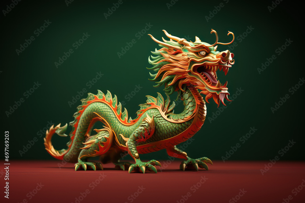 Fototapeta premium Green wooden dragon 3d art. Chinese New Year 2024. Festive 3d illustration in Chinese traditional style. Chinese Dragon Figurine isolated on dark solid background