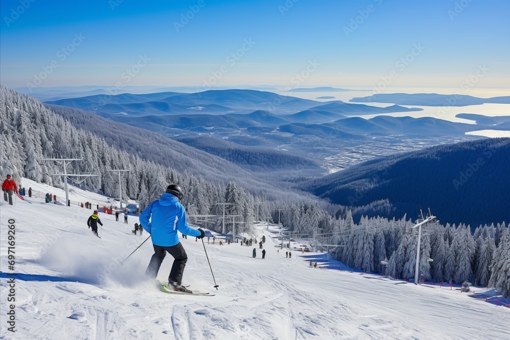 Snowy Mountain Descending. Skiers Glide Amidst Towering Fir Trees in Thrilling Winter Adventure