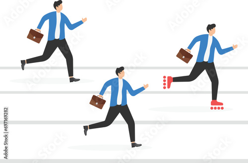 White collar workers in black suit racing on running track and a smart one carrying briefcase gets ahead by wearing inline skates.

